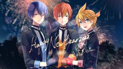  2022 3boys :d aerial_fireworks aoyagi_touya aqua_eyes black_gloves black_jacket blonde_hair blue_hair blue_vest closed_mouth commentary english_commentary fireworks gloves grey_eyes grin guest_art hair_between_eyes happy_new_year highres holding holding_fireworks ixima jacket kagamine_len lapels looking_at_viewer multicolored_hair multiple_boys notched_lapels open_clothes open_jacket orange_hair project_sekai second-party_source shinonome_akito shirt smile sparkler spiky_hair split-color_hair streaked_hair teeth vest vocaloid white_shirt yellow_vest 