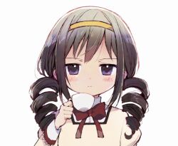  1girl akemi_homura alternate_hairstyle black_hair blush bow bowtie closed_mouth comically_serious commentary_request cosplay drill_hair hairband highres ikuchi_osutega light_frown looking_at_viewer mahou_shoujo_madoka_magica mitakihara_school_uniform red_bow red_bowtie school_uniform simple_background solo tomoe_mami tomoe_mami_(cosplay) twin_drills upper_body violet_eyes white_background yellow_hairband 