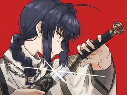  1other ahoge androgynous black_hair braid close-up fate/samurai_remnant fate_(series) glaxyflan hair_intakes hair_over_shoulder holding holding_sheath holding_sword holding_weapon japanese_clothes jewelry necklace orange_eyes profile red_background sheath sidelocks simple_background single_braid smile solo sword unsheathing weapon yamato_takeru_(fate) 