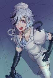  1boy :d ahoge bag black_gloves black_hair blade_(nu_carnival) choker collarbone collared_dress commentary_request crossdressing crossdressing_(mtf) dress elbow_gloves from_above gloves hair_ornament hair_over_one_eye hairclip hand_on_own_hip hat high_heels holding holding_bag looking_at_viewer male_focus multicolored_hair nu_carnival nu_jyo nurse nurse_cap official_alternate_costume open_mouth parallel_hairclips puffy_short_sleeves puffy_sleeves pumps shadow sharp_teeth short_dress short_hair short_sleeves smile solo streaked_hair teeth thigh-highs tile_floor tiles torn_clothes torn_dress torn_thighhighs violet_eyes white_dress white_hair white_hat white_thighhighs wide-eyed zettai_ryouiki 