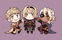  3boys armor black_armor black_hairband blonde_hair blue_hood boots chibi closed_mouth eyepatch fire_emblem fire_emblem_fates hairband heart heart_in_eye leo_(fire_emblem_fates) long_hair looking_at_viewer male_focus multiple_boys mystical_high_collar niles_(fire_emblem) odin_(fire_emblem) purple_background red_eyes short_hair shy_(ribboneels) simple_background smile star_(symbol) star_in_eye symbol_in_eye two-sided_capelet white_hair 