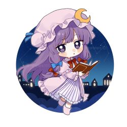  1girl blush book boots border bow bowtie building capelet chibi chibi_only chinese_commentary commentary_request crescent crescent_hat_ornament dress fafa full_body hat hat_ornament holding holding_book looking_at_viewer mob_cap night open_book patchouli_knowledge pink_boots pink_capelet pink_dress pink_hat purple_hair red_bow red_bowtie round_border solo striped_clothes striped_dress touhou vertical-striped_clothes vertical-striped_dress violet_eyes white_background 