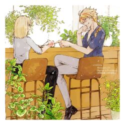  1boy 1girl ahoge bespectacled black_pants black_shoes blonde_hair blue_eyes blue_shirt book border braid braided_ponytail command_spell crossed_legs fate/strange_fake fate_(series) glasses grey_pants hair_over_shoulder highres medium_hair multicolored_hair open_book oracion_01 pants plant potted_plant rattail reading red_eyes red_streaks richard_i_(fate) richard_i_(spectacle_style)_(fate) sajou_ayaka_(fate/strange_fake) sajou_ayaka_(spectacle_style)_(fate/strange_fake) shirt shoes single_braid sitting streaked_hair white_border white_shirt 