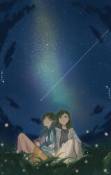  2girls absurdres angrypig binoculars blue_eyes blue_jacket brown_skirt character_name chinese_commentary commentary_request fireflies grabbing_another's_arm grass green_hair grey_jacket grey_shirt hair_down highres holding holding_binoculars idolmaster idolmaster_shiny_colors jacket knees_up leaning_on_person long_hair long_sleeves multiple_girls nanakusa_hazuki nanakusa_nichika night open_clothes open_jacket outdoors pants shirt shooting_star short_hair siblings signature sisters sitting skirt sky star_(sky) starry_sky white_pants wide_shot 