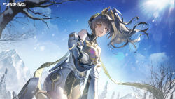  1girl :d absurdres bare_shoulders bare_tree black_gloves black_hair blue_sky character_request clouds copyright_name cowboy_shot day dress elbow_gloves gloves highres long_hair looking_at_viewer official_art official_wallpaper open_mouth orange_eyes outdoors punishing:_gray_raven short_dress sky smile snowing solo tree white_dress 