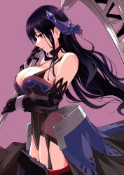  1girl absurdres breasts cropped_legs elbow_gloves gloves highres holding holding_scythe kato_takuji large_breasts leotard long_hair looking_to_the_side original purple_background purple_gloves purple_hair scythe solo strapless strapless_leotard violet_eyes 