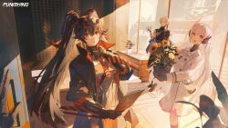  1boy 2girls :d :o absurdres black_coat black_gloves black_hair blonde_hair blunt_bangs character_request closed_mouth coat copyright_name day double-parted_bangs flower flower_pot gloves hair_between_eyes highres holding holding_flower_pot indoors long_hair long_sleeves looking_at_viewer multicolored_hair multiple_girls necktie official_art official_wallpaper open_clothes open_coat open_mouth pink_streaks plant potted_plant punishing:_gray_raven red_eyes red_necktie red_streaks short_hair smile standing streaked_hair white_gloves white_hair window yellow_flower 