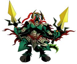  absurdres berardbro commentary dual_wielding english_commentary full_body ganon highres holding hooves open_mouth roaring simple_background standing sword the_legend_of_zelda the_legend_of_zelda:_ocarina_of_time weapon white_background 