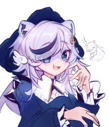  1girl 3am animal_ears blue_eyes blue_hair blue_streaks blue_sweater commentary english_commentary eye_mask hair_over_one_eye hat mask multicolored_hair open_mouth raccoon_ears raccoon_girl smile snuffy_(idol)_(vtuber) snuffy_(vtuber) solo streaked_hair sweater troubleshooter_bun virtual_youtuber white_background 