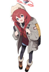  1girl absurdres animal_ear_headwear black_pantyhose black_shirt blue_archive blue_eyes brown_shoes chinese_commentary commentary full_body grey_jacket hair_between_eyes halo hat highres jacket looking_at_viewer low_twintails maki_(blue_archive) pantyhose red_hair red_halo red_sweater_vest shirt shoes simple_background solo sweater_vest twintails white_background white_hat yuhezi 