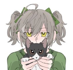  1girl ahoge animal assault_lily bow cat commentary covered_mouth green_bow green_shirt grey_hair hair_bow hands_up highres holding holding_animal holding_cat long_sleeves looking_at_viewer official_alternate_costume official_alternate_hairstyle portrait sasaki_ran shiro_(xflxfj5201314) shirt short_hair short_twintails simple_background solo tongue tongue_out twintails white_background yellow_eyes 