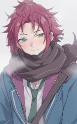  1boy absurdres bangs_pinned_back closed_mouth commentary curtained_hair dated ensemble_stars! eyes_visible_through_hair green_eyes green_necktie grey_background hair_ornament hairclip highres isara_mao jacket lapels layered_clothes looking_at_viewer male_focus necktie notched_lapels red_hair reijiro scarf school_uniform short_hair simple_background smile solo yumenosaki_school_uniform 