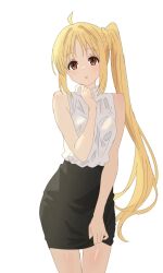 1girl :d ahoge blonde_hair blue_cardigan blush bocchi_the_rock! boots bow bow_choker cardigan choker commentary_request detached_ahoge dress full_body highres ijichi_nijika long_hair long_sleeves looking_at_viewer mimori_(mimori_05) open_cardigan open_clothes open_mouth red_boots red_bow red_choker red_eyes sailor_dress side_ponytail sidelocks simple_background smile solo very_long_hair white_background white_dress
