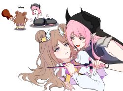  2girls bang_dream! bang_dream!_it's_mygo!!!!! black_cape blue_eyes bow bowtie brown_hair cape chihaya_anon chinese_commentary commentary_request dagger detached_sleeves double_bun earrings grey_eyes guitar hair_bun highres holding holding_dagger holding_guitar holding_instrument holding_knife holding_weapon hood hood_up hooded_cape injury instrument jewelry knife long_hair long_sleeves magical_girl multiple_girls nagasaki_soyo open_mouth parted_lips pink_hair pointy_ears purple_bow purple_bowtie simple_background sleeveless sokat teeth upper_teeth_only weapon white_background yuri 