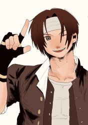  1boy azuki_ki0726 black_gloves black_jacket brown_eyes brown_hair collarbone fingerless_gloves gakuran gloves headband highres jacket kusanagi_kyou looking_at_viewer male_focus one_eye_closed open_clothes open_jacket open_mouth pointing pointing_up school_uniform shirt short_hair simple_background sleeves_rolled_up smile solo the_king_of_fighters white_background white_headband white_shirt 