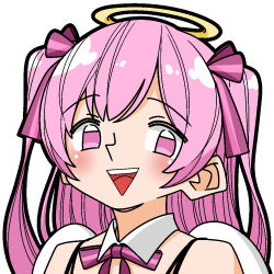  1girl angel angel_wings anime_coloring bare_shoulders black_outline blush bow bowtie collar commentary_request detached_collar hair_bow halo kamitsuka_pamiel looking_to_the_side open_mouth outline pink_bow pink_eyes pink_hair portrait raised_inner_eyebrows simple_background solo teeth traditional_halo two_side_up upper_teeth_only virtual_youtuber wakabayashi_toshiya white_background white_collar white_wings wings yellow_halo 