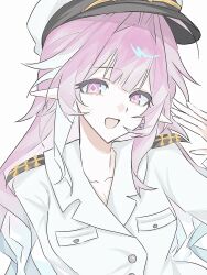  1girl breasts chinese_commentary commentary_request cyrene_(demiurge)_(honkai:_star_rail) cyrene_(honkai:_star_rail) diamond-shaped_pupils diamond_(shape) hat highres honkai:_star_rail honkai_(series) large_breasts long_hair looking_at_viewer military_uniform multicolored_hair naval_uniform peaked_cap pink_hair pointy_ears setsuga_h shirt simple_background smile solo symbol-shaped_pupils two-tone_hair very_long_hair violet_eyes white_background white_hair white_shirt 