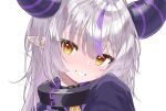  1girl ascot black_horns braid braided_bangs collar grey_hair hololive horns la+_darknesss la+_darknesss_(1st_costume) metal_collar multicolored_hair pointy_ears purple_hair sleeves_past_fingers sleeves_past_wrists streaked_hair striped_horns suzuka_pen virtual_youtuber yellow_ascot yellow_eyes 