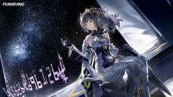  1girl absurdres bare_shoulders black_gloves black_hair bodysuit boots character_request closed_mouth copyright_name detached_sleeves feet_out_of_frame gloves hand_up highres long_hair long_sleeves official_art official_wallpaper orange_eyes punishing:_gray_raven sitting sky sleeveless sleeveless_bodysuit solo star_(sky) starry_sky white_bodysuit white_boots white_sleeves 
