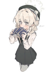  1girl beret black_dress black_hat blonde_hair blue_archive blush book bow braid closed_mouth commentary_request cropped_legs dress embarrassed furrowed_brow grey_eyes grey_halo hair_intakes hair_over_breasts hair_over_shoulder halo hands_up hat hat_bow highres holding holding_book long_hair long_sleeves looking_ahead miyo_(blue_archive) miyo_(young)_(blue_archive) open_book pinafore_dress pleated_dress raised_inner_eyebrows school_uniform shirt short_dress shy simple_background sketch sleeveless sleeveless_dress solo staring sweatdrop translation_request twin_braids white_background white_bow white_shirt yuusaoconomi 