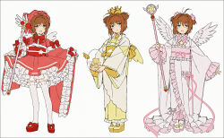  1girl adapted_costume antenna_hair ascot bow bowtie brown_hair cardcaptor_sakura closed_mouth commentary_request crown frilled_kimono frilled_sash frilled_sleeves frills full_body fuuin_no_tsue green_eyes hair_intakes hakusai_(tiahszld) hat holding holding_wand hoshi_no_tsue japanese_clothes kero_(cardcaptor_sakura) kimono kinomoto_sakura kinomoto_sakura_(astral_sakura) kinomoto_sakura_(magician) kinomoto_sakura_(miraculous_sakura) lineup long_sleeves looking_at_viewer mini_wings multiple_views obi obijime open_mouth pink_hat pink_kimono pink_ribbon pink_sash platform_shoes red_bow red_bowtie red_sash red_shoes ribbon sash shoes short_kimono short_twintails simple_background smile thigh-highs twintails wand white_background white_kimono white_thighhighs white_wings wide_sleeves wings yellow_ascot yellow_kimono yellow_wings 