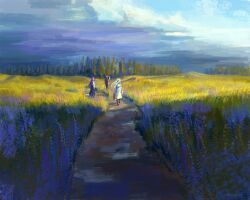  1boy 2girls absurdres axe black_skirt blue_flower blue_pants blue_scarf boots brown_boots coat commentary double-sided_axe dy.jpeg elf english_commentary fern_(sousou_no_frieren) flower frieren grey_hair highres holding holding_suitcase jacket long_hair looking_back multiple_girls nature outdoors painterly pants pine_tree pink_flower pointy_ears purple_flower purple_hair red_hair red_jacket road scarf short_hair skirt sky sousou_no_frieren standing stark_(sousou_no_frieren) suitcase tree twintails walking weapon weapon_on_back white_coat white_jacket 