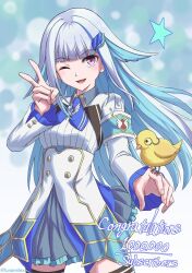  1girl :d armband bird bird_on_hand blue_hair blunt_bangs collared_shirt colored_inner_hair commentary_request congratulations cowboy_shot english_text funami_dingo hand_up highres lize_helesta lize_helesta_(1st_costume) long_sidelocks long_sleeves looking_at_viewer monocle multicolored_hair nijisanji one_eye_closed open_mouth shirt sidelocks simple_background smile solo star_(symbol) twitter two-tone_hair upper_body v violet_eyes virtual_youtuber white_background white_hair wide_sleeves yellow_bird 