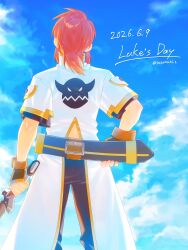  1boy back_slit black_pants blue_sky brown_gloves clouds cloudy_sky coat commentary_request dated feet_out_of_frame fingerless_gloves from_behind gloves highres holding holding_sheath holding_sword holding_weapon luke_fon_fabre male_focus medium_hair outdoors pants red_hair sheath short_hair short_sleeves sidelocks sky solo standing suzumusi_1 sword tales_of_(series) tales_of_the_abyss twitter_username weapon white_coat 