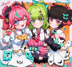  3girls angels_of_delusion aqua_streaks aria_(human)_(zenless_zone_zero) aria_(zenless_zone_zero) arm_warmers bandaid bandaid_hair_ornament bare_shoulders black_hair blue_eyes bow center_frills collared_shirt commentary_request cowboy_shot dress earrings fingerless_gloves frills fur-trimmed_skirt fur-trimmed_sleeves fur_trim gloves green_bow green_eyes green_hair hair_between_eyes hair_ornament hairclip highres jewelry looking_at_viewer multicolored_hair multiple_girls multiple_hairclips musical_note_earrings nangong_yu necktie one_eye_closed orange_eyes pink_arm_warmers pink_gloves pink_hair red_necktie shirt short_twintails skirt smile sparkling_eyes streaked_hair striped_arm_warmers sunna_(zenless_zone_zero) twintails v white_dress white_shirt winged_bag xianjuankokoro1 y2k_fashion zenless_zone_zero 