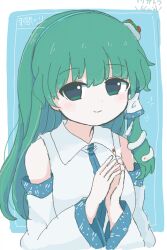  1girl azuma_meri closed_mouth commentary_request detached_sleeves frog_hair_ornament green_eyes green_hair hair_ornament hair_tubes kochiya_sanae long_hair looking_at_viewer single_hair_tube smile snake_hair_ornament solo touhou 