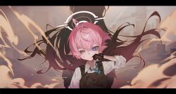  >:( 2girls absurdres ahoge aqua_necktie beaten beretta_92 black_gloves blue_archive bulletproof_vest clenched_hand commentary frown gloves gun hair_between_eyes half-closed_eye halo hand_to_head handgun heterochromia highres hoshino_(armed)_(blue_archive) hoshino_(blue_archive) injury letterboxed may.l multiple_girls necktie official_alternate_costume pink_hair school_uniform shirt short_hair tactical_school_uniform v-shaped_eyebrows weapon white_halo white_shirt yume_(blue_archive) 