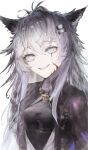  1girl absurdres animal_ears antenna_hair arknights black_dress blood blood_on_face blue_eyes breasts clenched_teeth dress grey_hair grin hair_between_eyes highres lappland_(arknights) lappland_(refined_horrormare)_(arknights) long_hair messy_hair official_alternate_costume scar scar_across_eye sharp_teeth simple_background skull small_breasts smile solo suro4 teeth upper_body white_background wolf_ears wolf_girl 