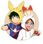  2boys :d alternate_costume black_hair blue_eyes boku_no_hero_academia border clenched_hand closed_mouth commentary_request cosplay crossover eyelashes freckles goh_(pokemon) green_eyes green_hair happy haruhi_(xy161027z) highres holding holding_poke_ball hood hood_up long_sleeves looking_at_viewer male_focus midoriya_izuku multiple_boys open_mouth poke_ball poke_ball_(basic) pokemon pokemon_(anime) pokemon_journeys scorbunny scorbunny_(cosplay) short_hair smile split_mouth tassel teeth tongue upper_teeth_only white_border 