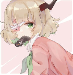  1girl artist_request black_horns blonde_hair blunt_bangs cellphone collared_shirt from_side green_eyes green_necktie horns looking_at_viewer medium_hair mouth_hold necktie phone pink_sweater ruru_(shinsei_kamattechan) shinsei_kamattechan shirt single_horn smartphone solo stuffed_animal stuffed_mouse stuffed_toy sweater third-party_source upper_body white_shirt 
