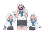  3boys beard black_shorts blush clenched_hands closed_eyes collarbone cosplay edward_teach_(fate) facial_hair fate/grand_order fate_(series) full_beard gradient_hair happy long_sleeves looking_at_another male_focus marine_nemo_(fate) marine_nemo_(fate)_(cosplay) multicolored_hair multiple_boys nemo_(fate) oneroom-disco open_mouth sailor short_sleeves shorts simple_background smile turban white_background white_headwear 