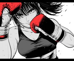  1girl boxing boxing_gloves breasts commentary_request fighting_stance flying_sweatdrops gloves greyscale high_ponytail highres lee_(dragon_garou) letterboxed medium_breasts midriff monochrome original ponytail red_gloves smile solo sports_bra spot_color sweat upper_body v-shaped_eyebrows 