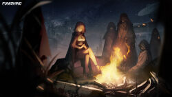  1girl 4others absurdres black_cloak black_pantyhose black_skirt blurry blurry_foreground boots breasts brown_boots brown_eyes brown_hair campfire character_request cloak closed_mouth copyright_name full_body highres medium_breasts multiple_others night official_art official_wallpaper outdoors pantyhose punishing:_gray_raven satellite_dish shirt short_hair sitting skirt sky smile solo_focus star_(sky) starry_sky white_shirt 