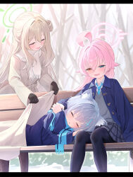  3girls absurdres ahoge animal_ear_fluff animal_ears bare_tree black_gloves black_pantyhose blanket blonde_hair blue_archive blue_eyes blue_jacket blue_necktie blue_scarf blush brown_coat cat_ears cat_girl closed_eyes coat collared_shirt commentary_request dot_nose fang gloves green_halo grey_hair grey_skirt grey_vest hair_between_eyes hair_bun halo heterochromia highres hoshino_(blue_archive) jacket lap_pillow long_hair lying maruabcm medium_hair multiple_girls necktie nonomi_(blue_archive) on_side open_mouth orange_eyes outdoors pantyhose pink_hair pink_halo plaid_clothes plaid_skirt scarf shiroko_(blue_archive) shirt single_side_bun sitting skirt standing tree vest white_scarf white_shirt 