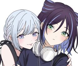  2girls black_ribbon blue_eyes blue_hair cho_kaguya-hime! colored_inner_hair commentary_request cone_hair_bun gradient_eyes green_eyes hair_bun hair_ribbon hand_on_another's_shoulder headphones headphones_around_neck highres kai922034579594 looking_at_viewer multicolored_eyes multicolored_hair multiple_girls ribbon runami_yachiyo sakayori_iroha simple_background tongue tongue_out upper_body violet_eyes white_background white_hair yuri 