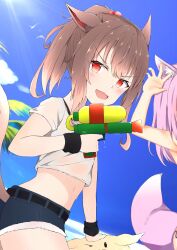  2girls :d absurdres animal_ear_fluff animal_ears belt black_belt blue_shorts blue_sky brown_hair clouds commentary_request cutoffs day finger_on_trigger hair_bobbles hair_ornament highres holding horizon multiple_girls navel nyaha ocean original outdoors palm_tree pink_hair ponytail red_eyes shirt short_shorts short_sleeves shorts sky smile solo_focus tail tail_through_clothes tree v-shaped_eyebrows water water_gun white_shirt 