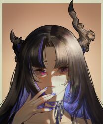  1girl absurdres asymmetrical_horns black_hair black_horns blue_hair blue_nails blue_ribbon border colored_inner_hair commentary demon_horns grey_border highres hololive hololive_english horns long_hair multicolored_hair neck_ribbon nerissa_ravencroft parted_bangs ribbon shadow slit_pupils solo the_antin two-tone_hair uneven_horns untranslatable_commentary 