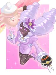  1girl :d clefable commentary_request dark-skinned_female dark_skin dress eyelashes fishnet_pantyhose fishnets floating_hair gloves hand_up high_heels highres holding holding_poke_ball jacinthe_(pokemon) jewelry long_hair long_sleeves luxury_ball mega_clefable open_mouth pantyhose poke_ball pokemon pokemon_(creature) pokemon_legends:_z-a puffy_sleeves purple_dress ring sechia_(user_umdv2823) shoes smile sparkle teeth upper_teeth_only white_gloves 