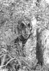 camouflage claws commentary dinosaur english_commentary fern flower greyscale highres looking_at_viewer monochrome nature no_humans open_mouth original sharp_teeth sylas_(robotinpyjamas) teeth third-party_source tree tyrannosaurus_rex 