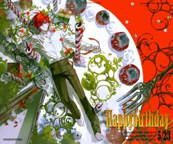  1boy barefoot birthday_cake black_pants cake call_of_cthulhu candle candle_wax ccrumo character_request closed_mouth commentary_request cream crossed_bangs crumbs double-parted_bangs dress_shirt empty_eyes english_text food fork fruit full_body gift hair_between_eyes hair_over_one_eye hand_on_own_shoulder hand_up happy_birthday highres holding holding_ribbon icing knee_up knife latin_text light_smile long_sleeves looking_to_the_side lying lying_on_food male_focus mini_person miniboy mold on_back on_food open_collar pale_skin pants red_eyes red_hair red_ribbon ribbon rotting shirt shirt_tucked_in short_hair sidelighting smile solo spoiled_food strawberry strawberry_shortcake void_(trpg_scenario) whipped_cream white_shirt wing_collar 