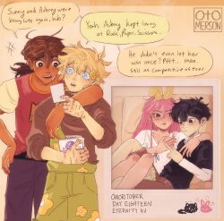  1girl 3boys alternate_costume alternate_hairstyle antenna_hair arm_on_another's_shoulder artist_name aubrey_(faraway)_(omori) aubrey_(omori) bandaid bandaid_on_cheek bandaid_on_face basil_(faraway)_(omori) basil_(omori) black_eyes black_hair black_pants black_sweater blonde_hair blue_eyes brown_hair brown_shorts brown_sweater commentary dark-skinned_male dark_skin double-parted_bangs english_commentary english_text flower freckles green_overalls hair_between_eyes hair_flower hair_ornament highres kel_(faraway)_(omori) kel_(omori) long_hair low_ponytail missing_tooth multiple_boys omori otomerson overall_shorts overalls pants pink_hair ponytail raglan_sleeves red_shirt shirt short-sleeved_sweater short_hair short_ponytail short_sleeves shorts sidelocks speech_bubble sunny_(omori) sweater 