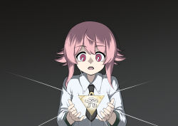  1girl black_necktie box breasts casual chaos;child eye_of_horus floating floating_object green_trim hair_between_eyes highres long_sleeves looking_at_object millennium_puzzle necktie onoe_serika open_mouth otsukanolich parody pink_eyes pink_hair science_adventure shirt short_hair_with_long_locks short_necktie simple_background small_breasts solo surprised tongue white_background white_shirt yu-gi-oh! yu-gi-oh!_duel_monsters 