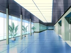  ceiling ceiling_light day door floor game_asset hallway indoors kourin_tenshi_en_ciel_rena no_humans non-web_source official_art plant potted_plant reflective_floor scenery school self-datamine sunlight tile_floor tiles visual_novel_cg window 