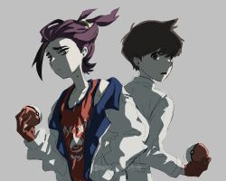  2boys :o blue_jacket brown_hair closed_mouth commentary_request expressionless florian_(pokemon) gloves grey_background highres holding holding_poke_ball jacket kieran_(pokemon) looking_at_viewer male_focus mole mole_on_neck multiple_boys open_mouth poke_ball pokemon pokemon_scarlet_and_violet purple_hair red_gloves red_tank_top short_hair simple_background tank_top upper_body very_short_hair white_jacket yellow_eyes zs_(zero_sickkkzs) 
