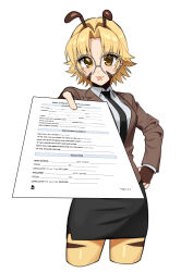 1girl 1other :p arthropod_girl bee_girl black_necktie black_skirt blonde_hair breasts brown_suit closed_mouth collared_shirt commentary earrings english_commentary glasses grey-framed_eyewear hair_intakes highres holding holding_paper hunybee jewelry job_application_form_(meme) long_sleeves medium_breasts meme necktie original paper pencil_skirt round_eyewear shirt short_hair skirt smile solo suit tongue tongue_out white_shirt yellow_eyes
