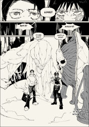  2girls 2others absurdres commentary cursed_spirit_(jujutsu_kaisen) dual_wielding english_commentary english_text greyscale gzam_77 highres holding holding_sword holding_weapon jujutsu_kaisen looking_at_viewer monochrome monster multiple_girls multiple_others okkotsu_yuta orimoto_rika over_shoulder profanity spoilers sword sword_over_shoulder weapon weapon_over_shoulder zen'in_maki zen'in_naoya zen'in_naoya_(spirit) 